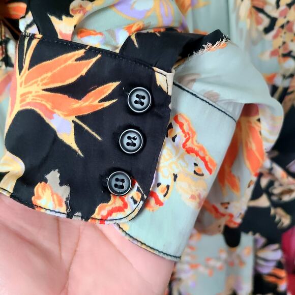 Free People Tropical Satin Blouse L Under the Palms Button-Up Boho Long Sleeve - Picture 9 of 11